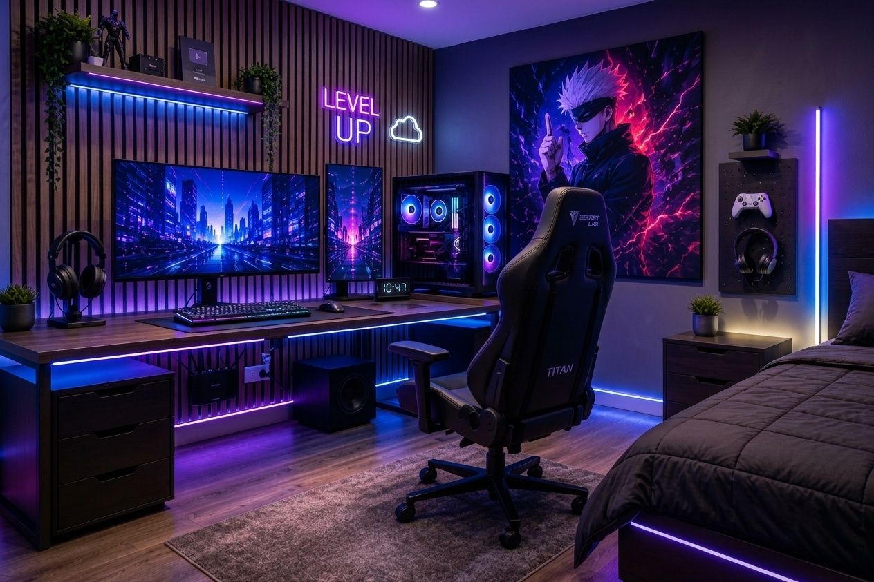 Custom gaming room with several screens, LED lighting and built-in furniture
