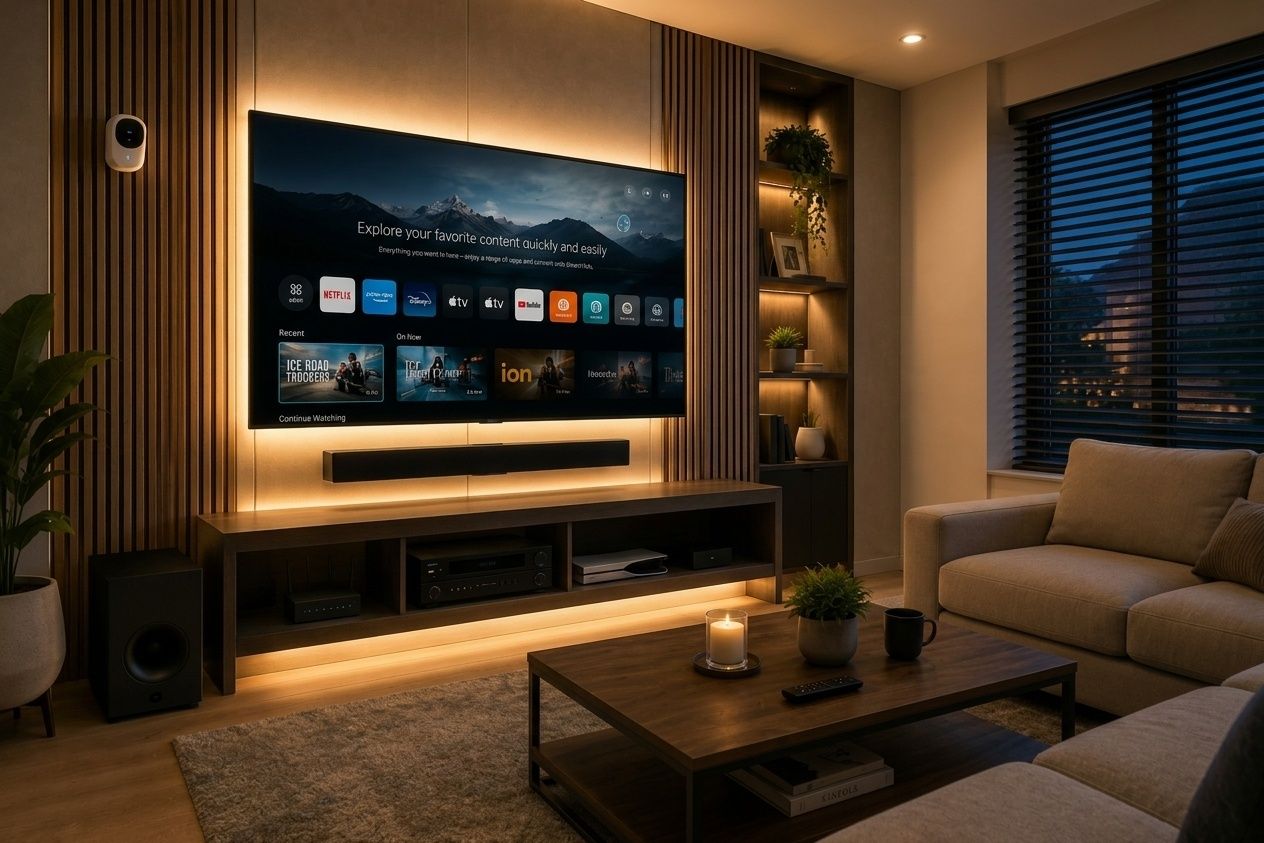 Living room with the TV mounted on the wall, a soundbar and the cables hidden